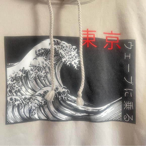 ARTIST UNION Japanese Hoodie RIDE THE WAVE Sweatshirt Mens Medium Beige Tan Zen - Picture 3 of 8
